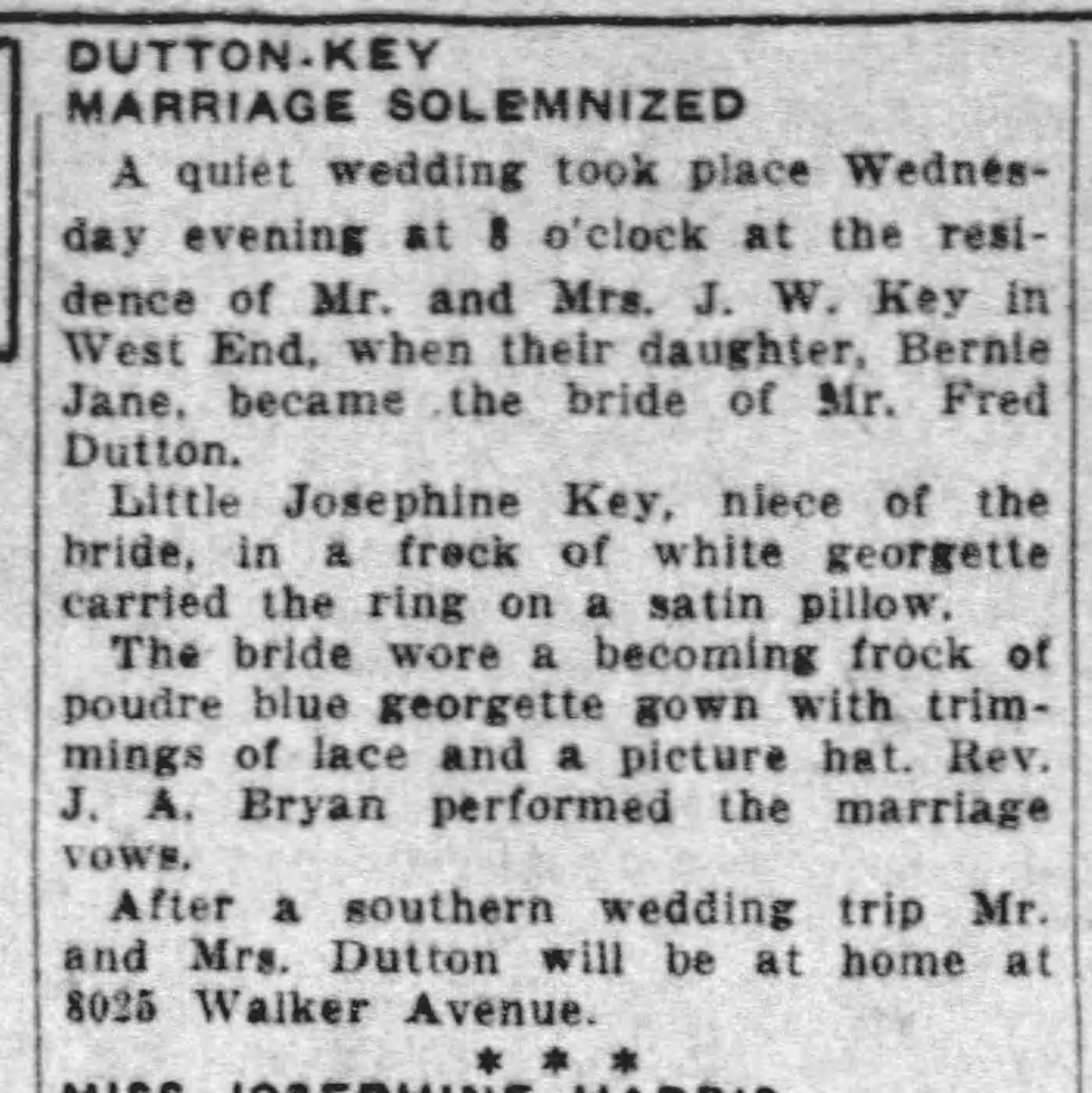 Dutton-Key Marriage Solemnized